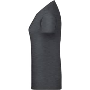 A grey basic T-shirt with short sleeves, featuring a logo on the side.