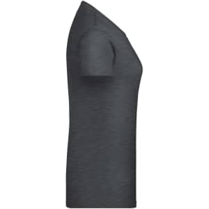 A fitted grey ladies' T-shirt with short sleeves and a rounded neckline, featuring a logo on the fabric.