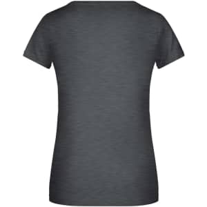 A grey ladies T-shirt featuring short sleeves and a smooth texture, with a logo on the back.