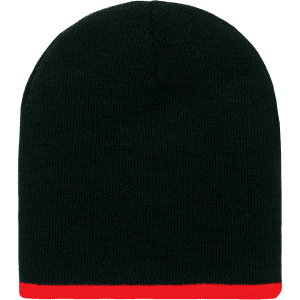 A striped short beanie in black with a red band at the bottom. Features a logo on the side.