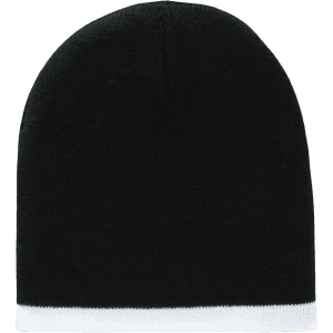 A black striped beanie with a white band at the bottom, featuring a logo.