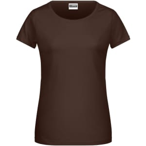 A brown ladies' T-shirt with a round neckline and short sleeves. The shirt features a logo.