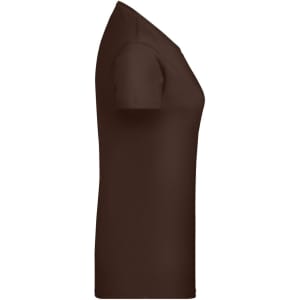 A brown ladies basic T-shirt featuring a fitted design and short sleeves, with a logo on the fabric.