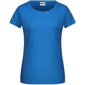A blue ladies basic T-shirt with a round neckline and short sleeves. The shirt features a logo on the label.
