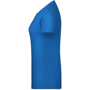 A blue ladies basic T-shirt featuring a fitted design and short sleeves. It has a logo on the side.