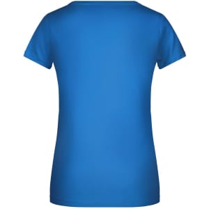 A blue ladies' basic T-shirt with a round neckline and short sleeves, featuring a logo on the back.