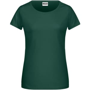 A dark green ladies T-shirt with a round neckline and short sleeves, featuring a branding logo.