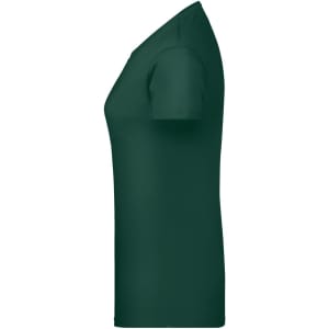 A green ladies T-shirt from the side view, featuring a fitted design and short sleeves. It has a logo on it.