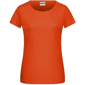 A vibrant orange ladies’ T-shirt with a round neckline and short sleeves. It features a logo on the label.