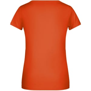 An orange women’s T-shirt with a round neckline and short sleeves, featuring a logo on the back.