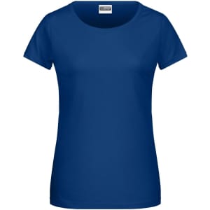 A blue ladies T-shirt featuring a scoop neckline and short sleeves. The shirt has a logo on the label.