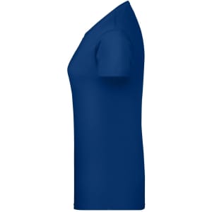A blue ladies T-shirt with a fitted silhouette and short sleeves, features a logo on the side.