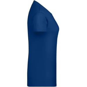 A blue ladies' T-shirt with a crew neckline and short sleeves, featuring a logo.