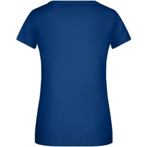 A navy blue ladies T-shirt with a classic crew neck and short sleeves. The back view features a logo.