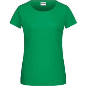 A green ladies' t-shirt featuring a round neckline and short sleeves. It has a logo on the label.