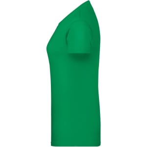 A green ladies' T-shirt with short sleeves showcased from the side, featuring a logo on the fabric.