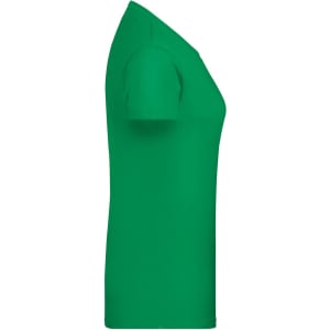 A green T-shirt displayed from the side, featuring short sleeves and a fitted design. The shirt has a logo.