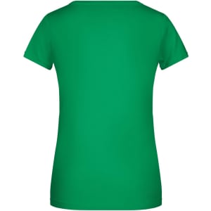 A green ladies T-shirt with a classic cut and short sleeves, featuring a logo on the back.