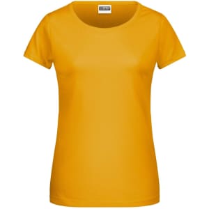 A yellow ladies' t-shirt with a round neckline and short sleeves. It has a logo on the label.