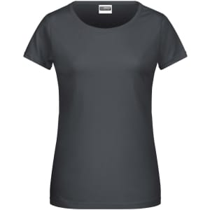 A grey women's T-shirt with short sleeves and a round neckline. The shirt features a branding logo.