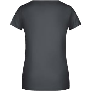 A grey women's T-shirt with short sleeves and a fitted design, featuring a logo on the back.