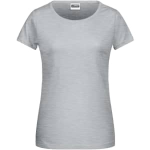 A grey Ladies Basic-T shirt with a round neck and short sleeves, featuring a logo on the label.