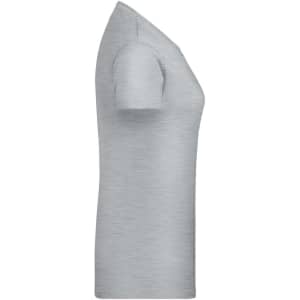 A grey, short-sleeved ladies T-shirt displayed from the side, featuring a logo.