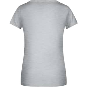 A light grey T-shirt with a fitted cut and short sleeves, featuring a logo on the back.