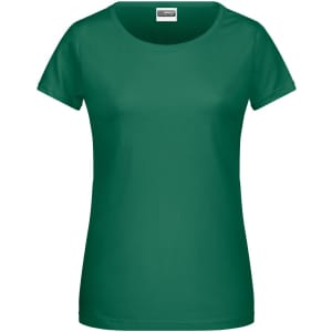 A green ladies T-shirt with a round neckline and short sleeves, featuring a logo.