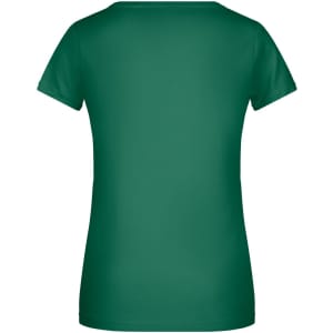 A green ladies' basic T-shirt with a fitted design and short sleeves, featuring a logo on the back.