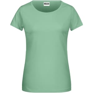 A mint green ladies basic T-shirt with a round neck and short sleeves. It features a logo on the neckline.