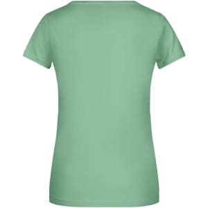 A mint green women's T-shirt with a simple design and a logo on the back.