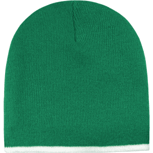 A green striped short beanie with a white band at the bottom. It features a simple knitted design.