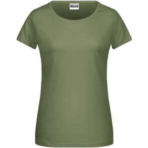 A ladies olive green basic T-shirt with short sleeves and a rounded neckline, featuring a logo.
