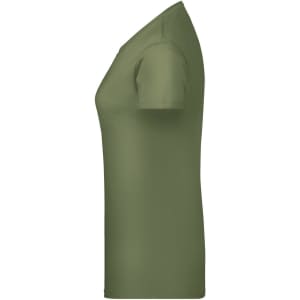 A side view of a ladies' short-sleeved t-shirt in olive green. The shirt has a fitted silhouette and features a logo.