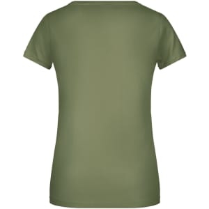 A green women's T-shirt featuring a fitted design and short sleeves. The back view highlights its simplicity and style.