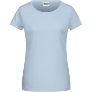 A light blue women's t-shirt with a round neckline and short sleeves. It features a logo.