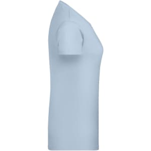 A light blue women's t-shirt featuring short sleeves and a fitted style, with a logo on the garment.
