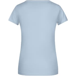 A light blue women's t-shirt with a fitted cut and short sleeves. The back view showcases a simple design and has a logo.