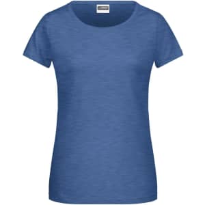 A blue ladies basic T-shirt with a round neckline and short sleeves. The shirt has a logo on the label.
