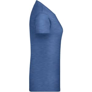 A blue ladies' t-shirt displayed from the side, featuring short sleeves and a fitted design. It has a logo on it.