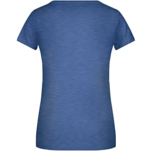 A women's T-shirt in a blue gradient design, featuring a crew neck and short sleeves. It includes a logo on the back.