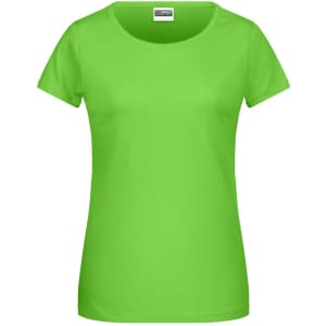 A vibrant green ladies' T-shirt with a round neckline and short sleeves, featuring a brand logo.