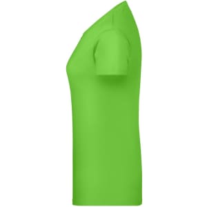 A bright green women's fitted T-shirt with short sleeves, featuring a logo on the side.