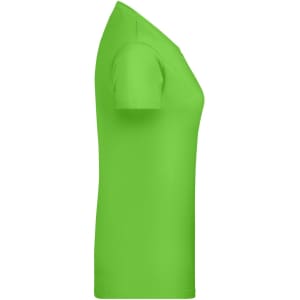 A green ladies' T-shirt featuring short sleeves and a fitted shape, with a logo present.