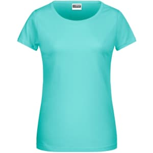 A turquoise ladies T-shirt with short sleeves and a round neckline. It features a logo on the label.