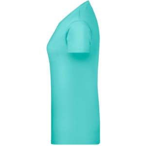 A turquoise t-shirt with a fitted style and short sleeves, featuring a logo on the side.