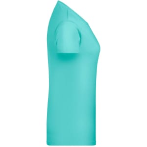 A turquoise ladies T-shirt with short sleeves, featuring a fitted design and a logo on the front.