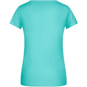 A turquoise women's T-shirt with short sleeves and a crew neckline, featuring a logo.
