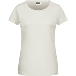 A light cream ladies' basic T-shirt with short sleeves and a round neckline. It features a logo at the label.